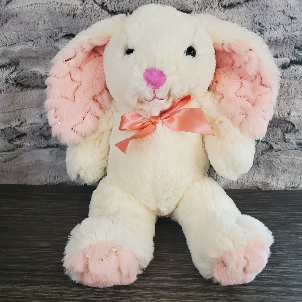 Goffa Cream Easter Bunny Rabbit 15" Plush Peach Sequin Star‎ Ears Satin Bow 2023